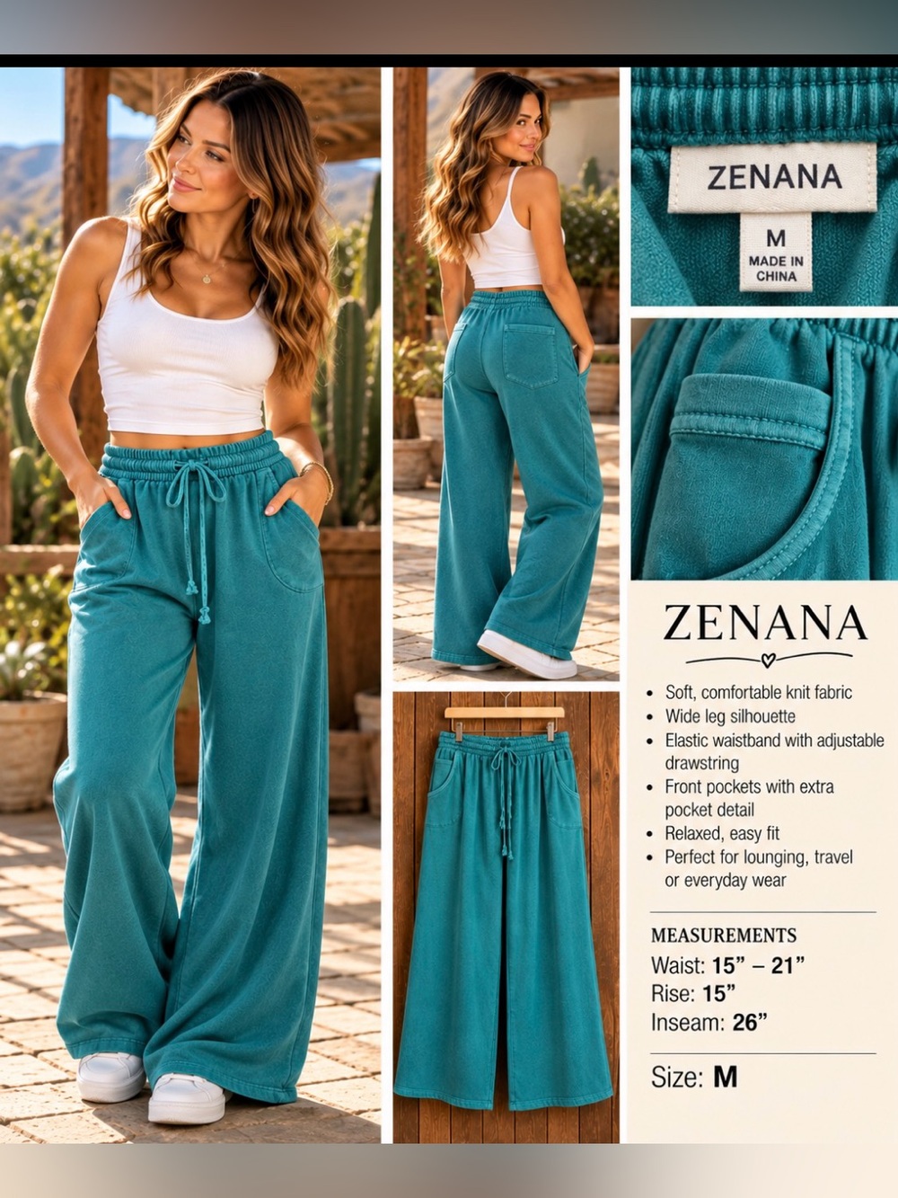 Zenana Outfitters Teal Wide Leg Knit Pants